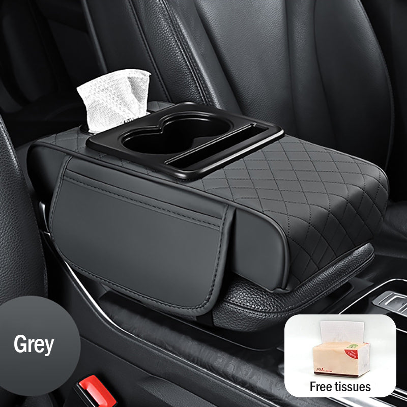 Универсална кожена подложка за подлакътник за кола 4 в 1 ✅ Вградена кутия за салфетки ✅ Поставка за чаши