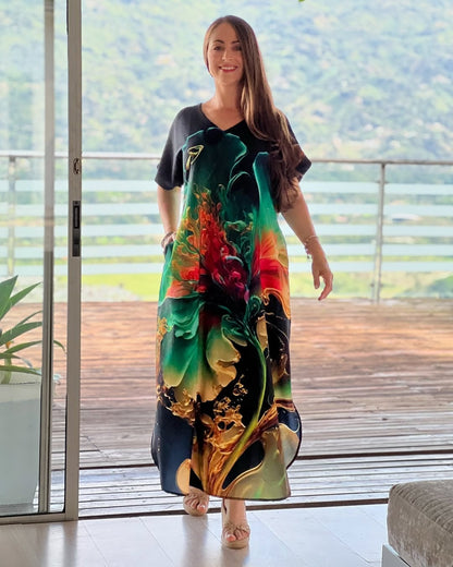 [S-5XL] Елегантна рокля с щампа, изработена от памук и естествена коприна – елегантна, лека и прилепваща към фигурата