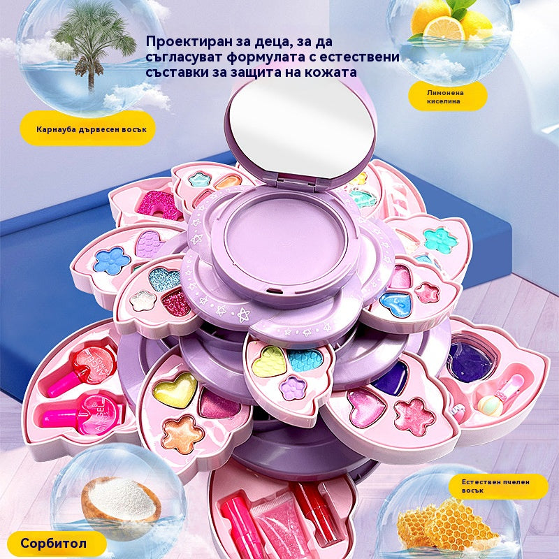 👸💄🎁🔥Купете едно, вземете второ безплатно🔥Детски въртящ се козметичен комплект с флорален мотив, играчки за грим, аксесоари за принцеси, коледни подаръци