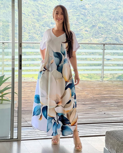 [S-5XL] Елегантна рокля с щампа, изработена от памук и естествена коприна – елегантна, лека и прилепваща към фигурата