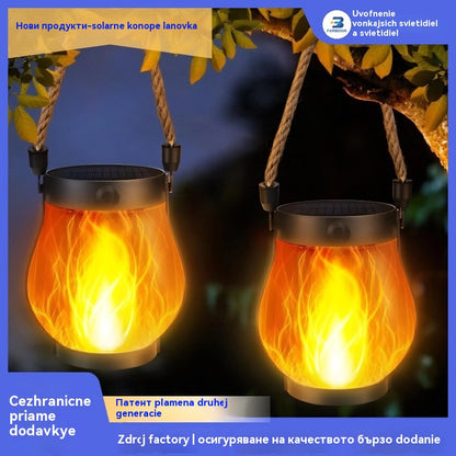Соларна лампа с пламък, фенер от конопено въже, декорация за градински двор
