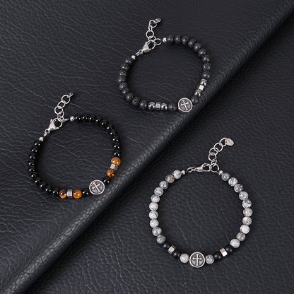 Винтидж мъжка гривна с кръст от неръждаема стомана, естествен камък и гривна с мъниста от обсидиан