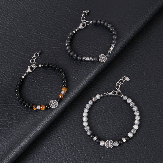 Винтидж мъжка гривна с кръст от неръждаема стомана, естествен камък и гривна с мъниста от обсидиан