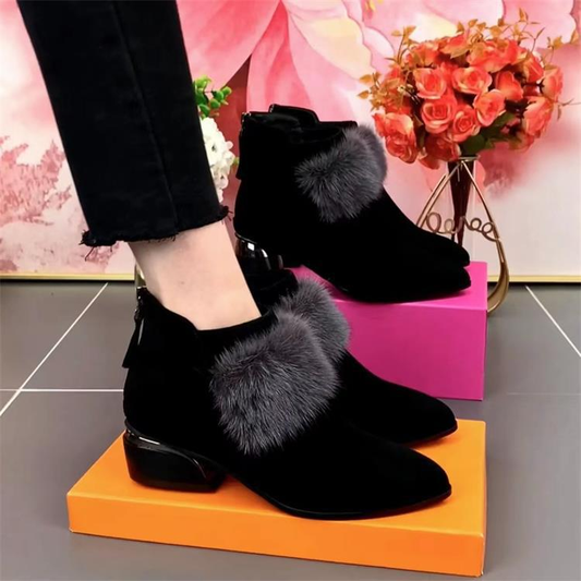 😍😍【35-41】 Меки кожени ботуши със среден ток с кръгли пръсти