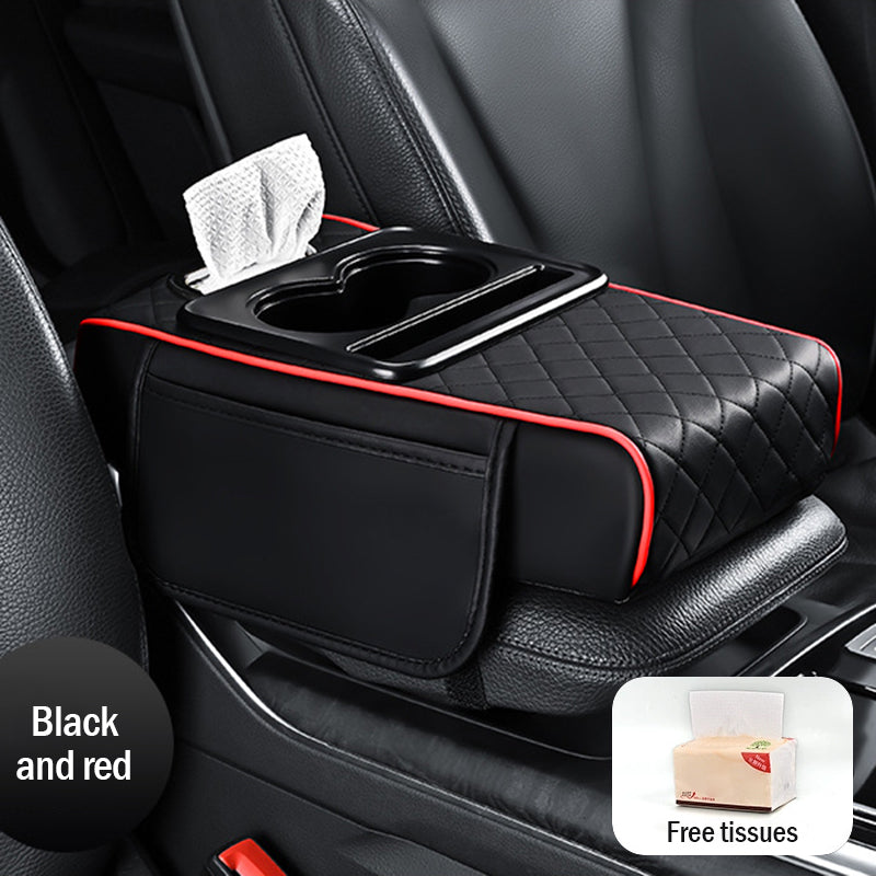 Универсална кожена подложка за подлакътник за кола 4 в 1 ✅ Вградена кутия за салфетки ✅ Поставка за чаши