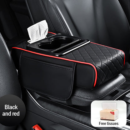 Универсална кожена подложка за подлакътник за кола 4 в 1 ✅ Вградена кутия за салфетки ✅ Поставка за чаши