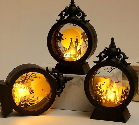 🔥💡（Комплект от три части）LED електронни свещи във форма на фенери за Хелоуин, декоративни елементи за създаване на атмосфера