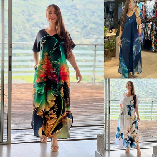 [S-5XL] Елегантна рокля с щампа, изработена от памук и естествена коприна – елегантна, лека и прилепваща към фигурата