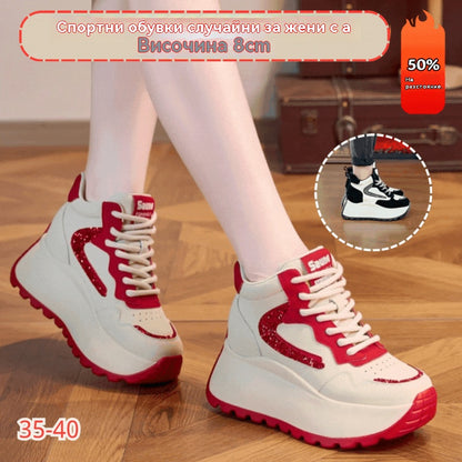 Нови дамски спортни обувки 2025 с дебели подметки и 8 см височина, ежедневни обувки