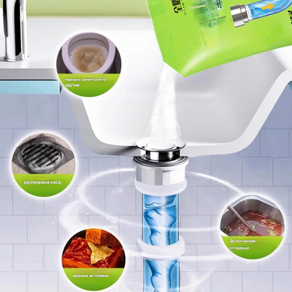 Ефервесцентен прах за почистване на канали - Мигновено разтваря мазнини и запушвания, премахва миризми и котлен камък, не уврежда тръбите, гаранция за връщане на парите