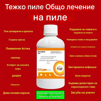 Лекува всички болести по пилетата ✅ Настинки и треска ✅ Чума по пилетата и диария ✅ Кашлица и ентерит ✅ Затворени очи и увиснали крила ✅ Вирусни и бактериални инфекции ✅ Приложим за всички видове птици