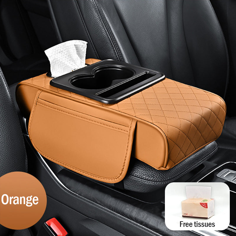 Универсална кожена подложка за подлакътник за кола 4 в 1 ✅ Вградена кутия за салфетки ✅ Поставка за чаши