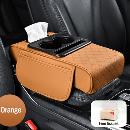 Универсална кожена подложка за подлакътник за кола 4 в 1 ✅ Вградена кутия за салфетки ✅ Поставка за чаши